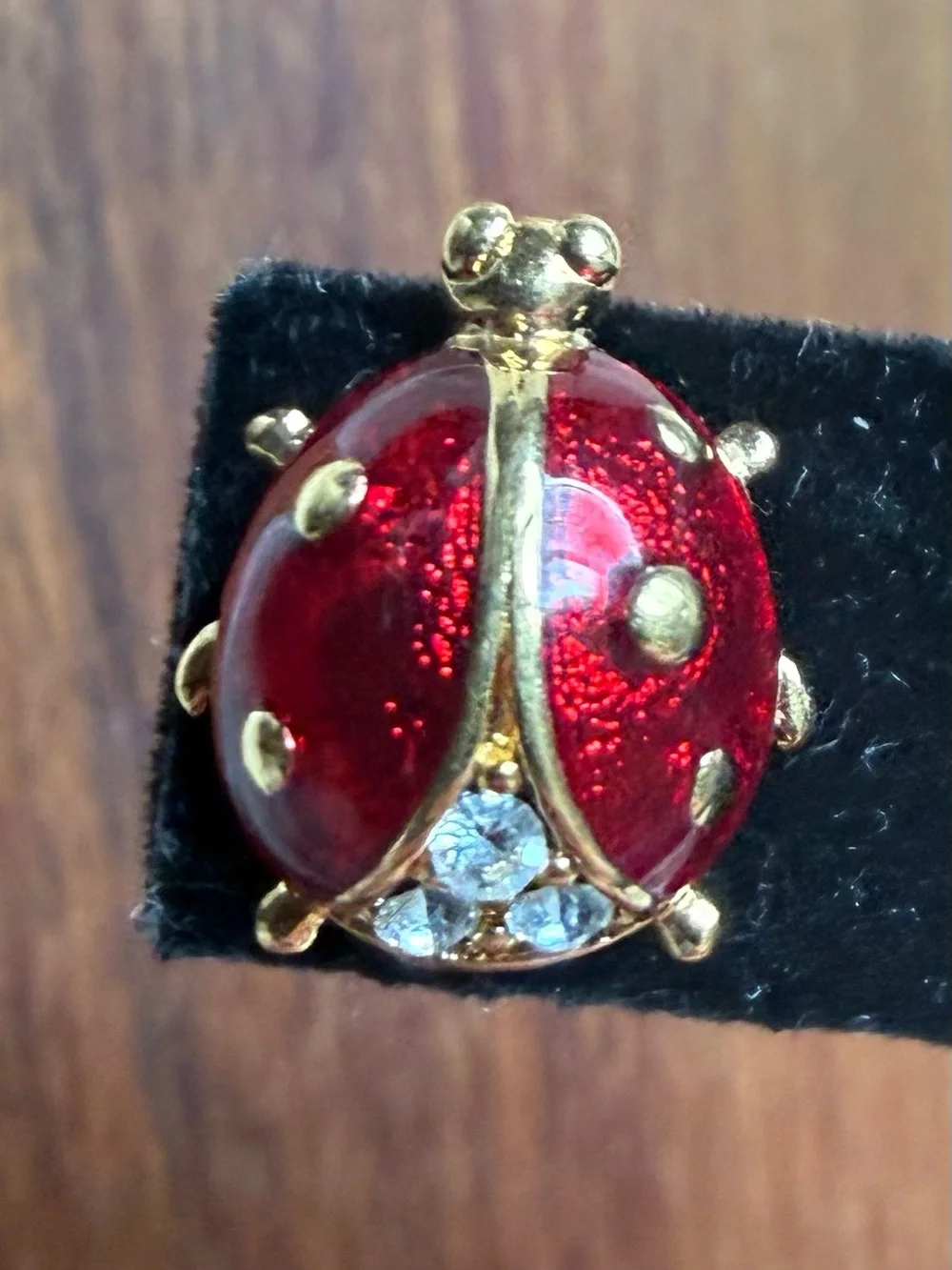 Small Monet Gold-Tone Red Enamel Ladybug Brooch with Clear Rhinestone Bug Pin